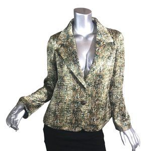 Flair Women's Medium Blazer Jacket Satin Crepe Plisse Style Green Tan Brown Beau